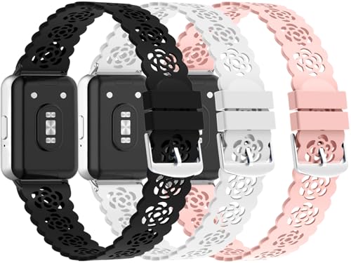 3 Pack Sport Bands Compatible with Samsung Galaxy Fit 3 Slim Lace Breathable Rose Hollowed-out Soft Silicone Replacement Straps Wristbands for Galaxy Fit3 SM-R390 Smart Watch Women Men(301)