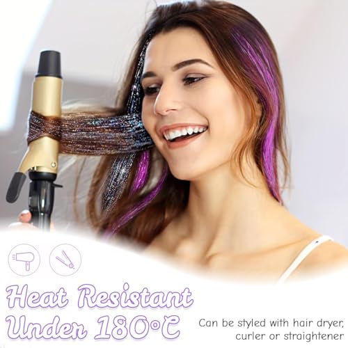 Image of MAYCREATE 6pcs Hair Tinsel Extensions Glittering Clip-on Purple Glittering Tinsel Hair Extensions for Styling Girls Fairy Kit for Party, Festival