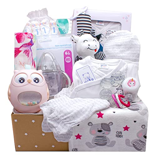 Kelzia Canastilla para Bebé Recién Nacido - Caja de Regalo de Bienvenida con Ropa de Algodón, Pañales Biodegradables, Peluche, Marco de Fotos y Más - Vegano, Algodón Hipoalergénico - Unisex (BOX2) Cover