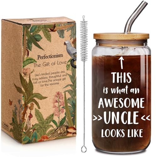 Best Uncle Ever Glass Cup Father's Day Gift for Men Uncles Godfather from Niece Nephew-This is What an Awesome Uncle Looks Like, Happy Birthday Glass Cup 16oz with Bamboo Lid & Straw Gift for Uncles