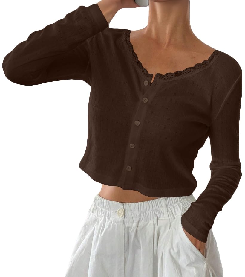 Image of Cioatin Women V Neck Lace Trim Button Down Open Front Pointelle Crop Cardigan Long Sleeve Clean Fit Y2K Minimalist Shirt Tops