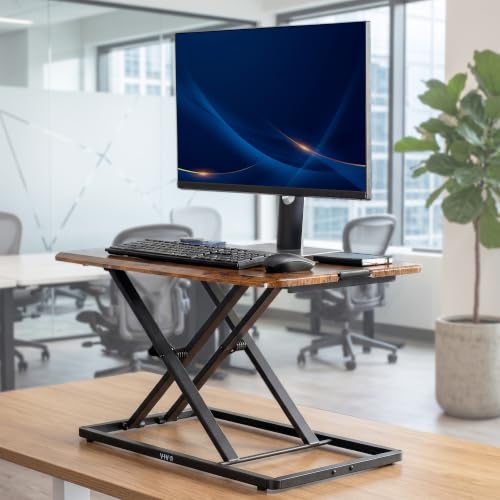 Image of VIVO Vintage Brown 29 in Single Top Standing Desk Converter, DESK-V000UN | Economy, Height Adjustable Rustic Sit Stand Tabletop Monitor and Laptop Riser Workstation, No Assembly Required, Black Frame
