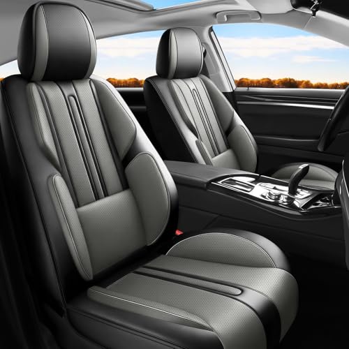 Image of Fit Sierra Car Seat Covers (Only Front 2 Seats) Compatible with GMC Sierra 1500 /2500 /3500 2000-2026-Full Coverage Breathable Leather,Airbag Compatible,Waterproof & All-Weather,Black-Grey