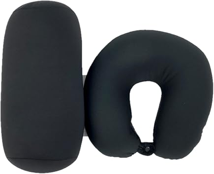 Bookishbunny 2pcs Micro Bead Set U Shaped Neck Travel Pillow 12" x 12" x 4" and Roll Back Pillow Cushion 13" x 7", Various Designs Solid Black