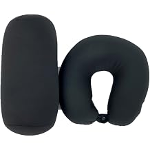 Bookishbunny 2pcs Micro Bead Set U Shaped Neck Travel Pillow 12" x 12" x 4" and Roll Back Pillow Cushion 13" x 7", Various Designs Solid Black