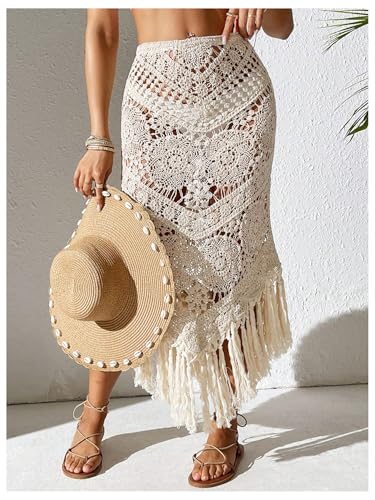 GORGLITTER Women's Crochet Beach Skirt Hollow Out Fringe High Waisted Bathing Suit Cover Up4