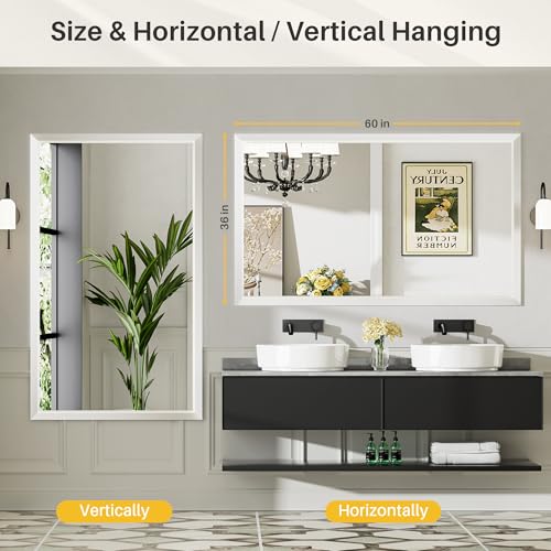 Image of 60x36 Inch White Bathroom Mirror for Wall, Thick Metal Framed Rectangle Mirrors for Over Sink, Bedroom, Living Room, Entryway, Anti-Rust, HD Tempered Glass