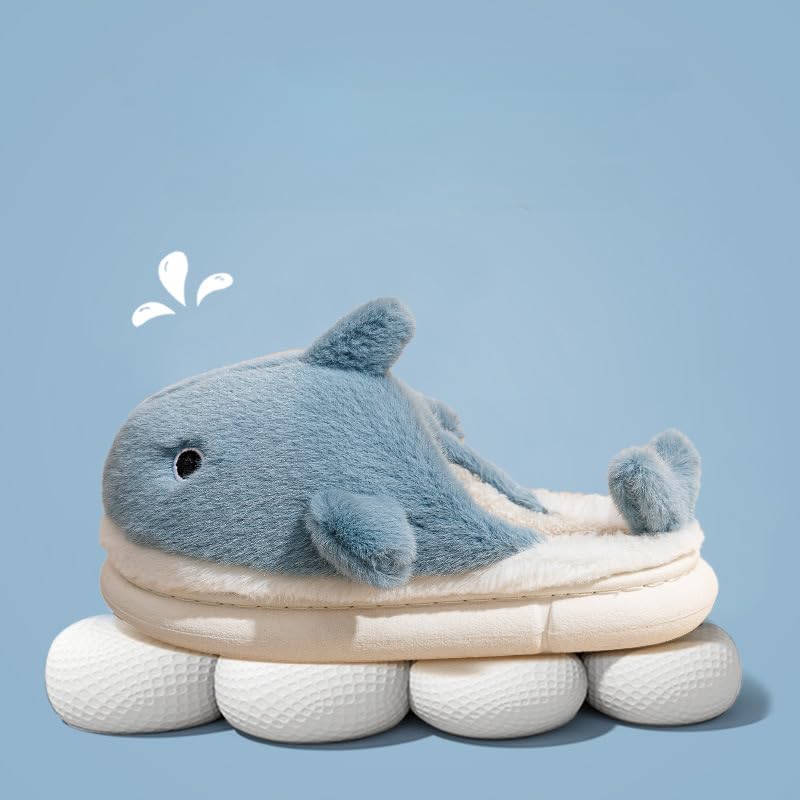 Cute Whale Cotton Slippers for Women, Winter Couples Indoor Home House Warm Cartoon Furry Slippers3