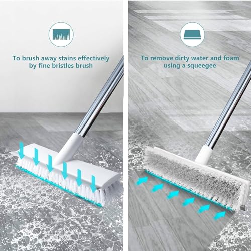 Image of Barebeauty 2 in 1 Bathroom Cleaning Brush with Long Stainless Steel Handle - Floor Scrub Brush with Wiper for Kitchen, Bathroom, Wall and Deck