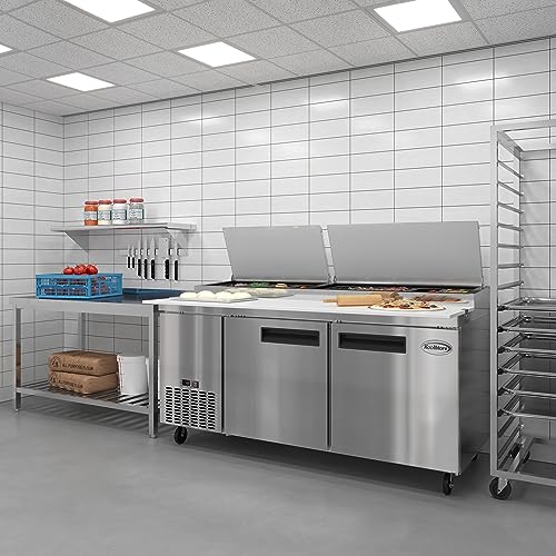 Image of KoolMore 71 in. Commercial Pizza Prep Table with Built-In Refrigerator, Cutting Board, Food Protection Lid, Cold Storage, Rolling Caster Wheels in Stainless Steel, ETL Listed, (KM-RPPS-2DSS)