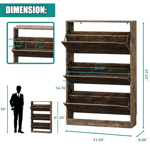 Image of Xixini Shoe Storage Cabinet for Entryway with 3 Flip Drawers, Sturdy Wood Hidden Shoe Storage, Freestanding Narrow Slim Shoe Organizer for Front Door Entrance, Living Room, Hallway, Bedroom, Brown