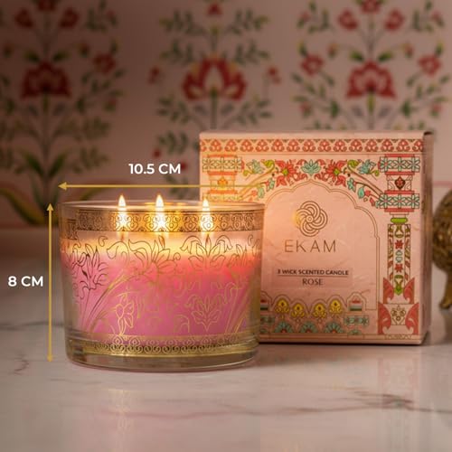 Image of EKAM 2025-26 Festive Fragrance Gift| Scented 3 Wick Candle| Rose | Inspired by Pink Haveli | 28-Hour Burn | Essential Oil Infused | Gift Box for Diwali & Celebrations