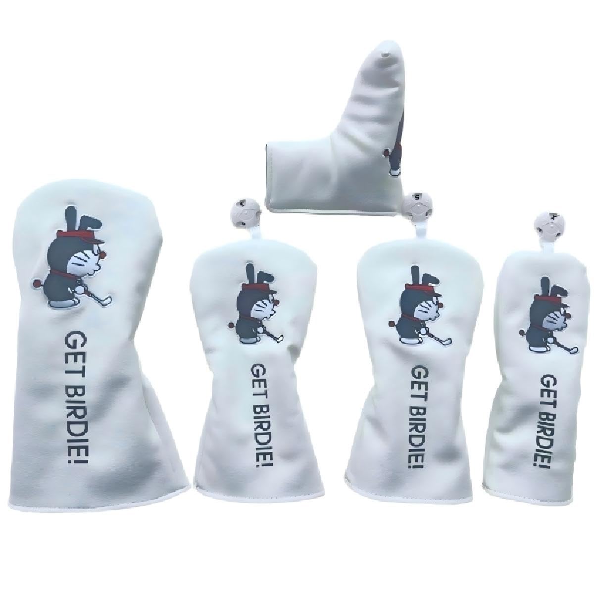 BADGEWOO GET BIRDIE! Set of 5, Golf Head Covers, Embroidered Design, PU Leather, Driver/Fairway Wood/Utility Compatible, U2-U6 Compatible, Conversion Dag Included (White 1.3.5.UT. Right-Angle Set of 5