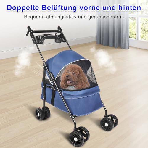 Homewell Klappbarer Haustierwagen mit Getränkehalter, Hundewagen & Katzenwagen, Leicht & Bequem mit Sicherheitsgurt, Atmungsaktiv, Stauraum, bis 20kg (Blau)