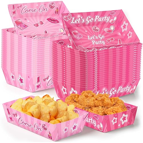 50 Pack Pink Girl Birthday Party Decorations Paper Food Trays - Movie Night Supplies Snack Serving Disposable Plates for Princess Cowgirl Popcorn Nacho Decor