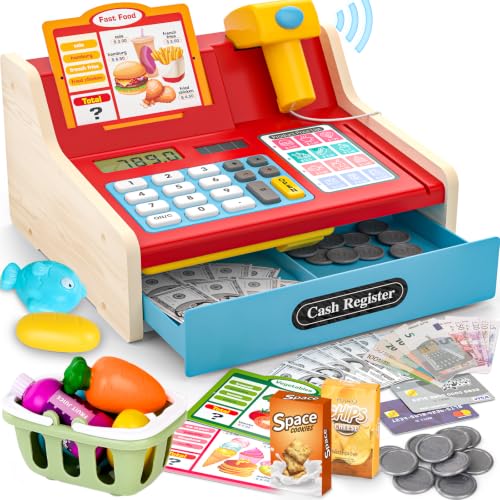 Wooden Toy Cash Register for Kids, Counting Wood Cash Register Toys | Kids Cash Register with Scanner Realistic for Boy Girl Age 3+ 4-8, Pretend Toy Role-Playing Birthday Ideals Gift