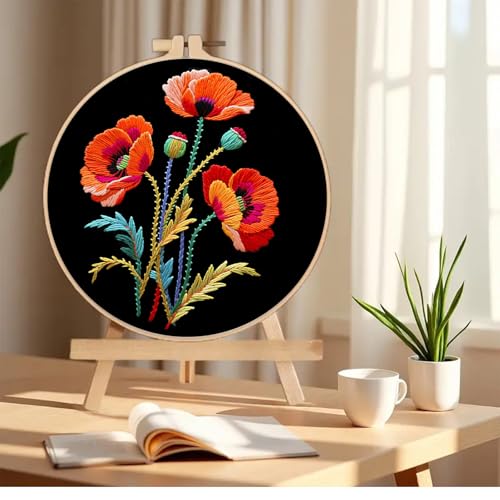 Image of Huacan Embroidery Kit for Beginners, Flower Pre-Stamped Pattern Kits for Adults with Hoop, Easy to Follow Color Thread Needlework