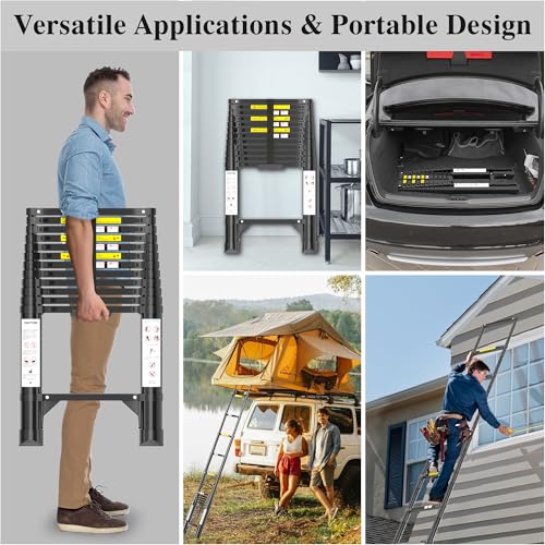 Image of Telescoping Ladder Extension Telescopic Collapsible - 12.5 FT Rv Telescope Foldable Extendable Tall Compact Aluminum Ladders - for House Roof Travel Trailers Adjustable Retractable - 330lbs Capacity