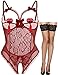 JFAN Femme Dentelle Ensemble de Lingerie Autocollants pour Les Seins Bas de Soie Chemises de Nuit 3 Pièces Vin Rouge