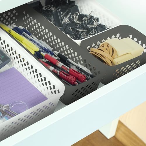 Image of Glad Plastic Storage Basket Set - Multipurpose Drawer Trays, Kitchen Pantry Containers, and Bathroom Bins - Narrow Organizers, Grey, 6 Count (Pack of 4)