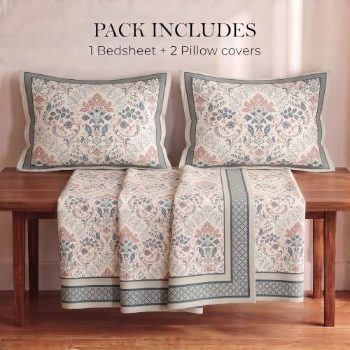Image of BSB HOME 240 TC Cotton Feel Double Bedsheet with 2 Pillow Covers, Premium Soft Breathable Bed Sheet Set, Fade Resistant, All-Season, Easy Care, 90 x 100 Inches (228 x 254 cm) - Slate Blue & Ivroy