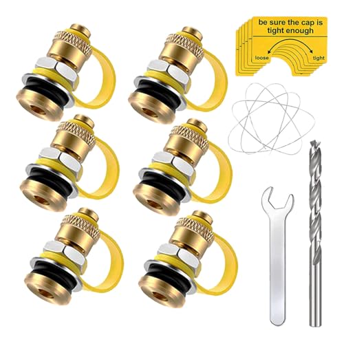 GAOLAOSY 6PCS Fuel Gas Can Vent Caps, Metal Fuel Tank Replacement Vents Plug Kit with Wire, Wrench, Drill and Warning Stickers, Gas Jug Exhaust Vent Caps for Enhanced Faster Flowing
