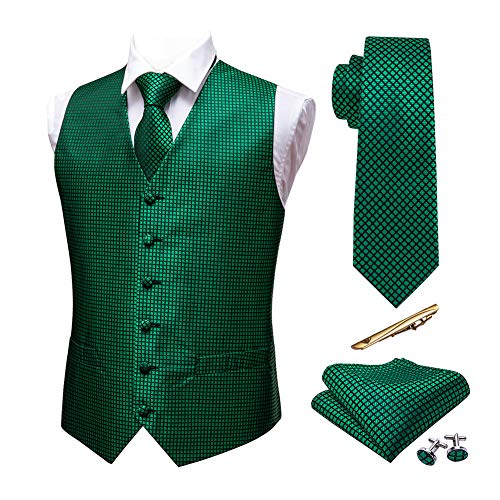 Barry.Wang Men Emerald Green Silk Check waistcoat with Plaid Tie Cufflinks Pocket Square Vest Suit Set Wedding St. Patrick's Day