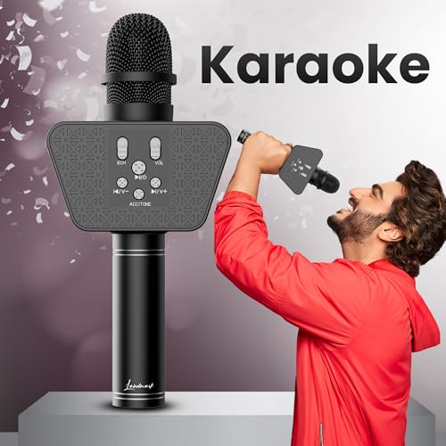 Image of LANDMARK BT55 Handheld Wireless Singing Mic Multi-Function Bluetooth Karaoke Microphone with Inbuilt Bluetooth Speaker, Recorder for Smart Phones, Laptop, Tablet - Black