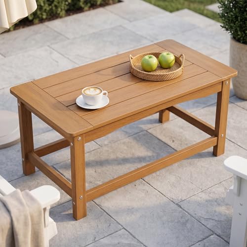 TinFrey Outdoor Coffee Table for Patio 35 Inch Rectangle Patio Coffee Table Teak All-Weather Poly Lumber Small Outdoor Table 250 lb Capacity for Deck Porch Balcony Garden Poolside