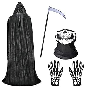 Fabu Negro Largo Capa con Capucha para Halloween Carnaval, Guantes de Esqueleto y Máscara de Calavera Disfraz Plástico Falsa Guadaña Hoz Arma para Adultos Halloween Danza Fiesta de Disfraz 1 Juego