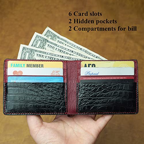 Image of HATA Black Red Bifold Wallet for Men, Exotic Billfold with Mixed Leather Interior, RFID Blocking Card Holder, Handmade Gift for Birthday, Anniversary, Father's Day VIMIX-12