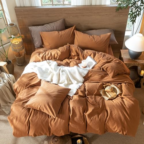 Image of MooMee Wavy Striped Duvet Cover Set 100% Washed Cotton Linen Like Textured Breathable Durable Soft Comfy (Dark Orange, Queen 90 inchx90 inch)