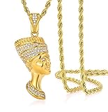 ROWIN&CO Nefertiti Pendant Necklace Women/Men Iced Out Gold Egyptian Queen Bling Hip Hop Jewelry with 24' Gold Chain.