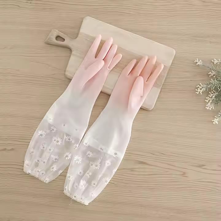 Image of Heavy Duty Hand Gloves For Dishwashing, Gardening, Kitchen Cleaning Non-Slippery & Durable Long Elbow Length(Inner Cotton Lining For Comfort) (Peach)