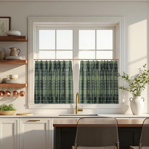 Image of TWOPAGES Pinch Pleat Plaid Print Cafe Curtains, Evergreen, 42W x 36L