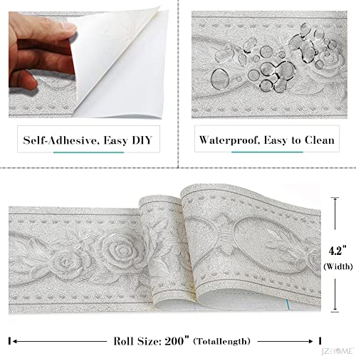 Jz·home 201 Peel And Stick Wallpaper Border 3D Decorative Floral Molding 4.2''×16.4Ft White Rose Self Adhesive Wall Border Tiles Sticker Easy To Apply For Bathroom Kitchen #TOP4