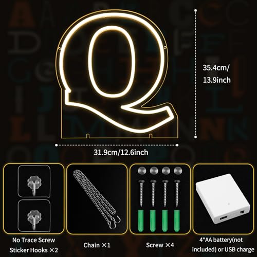 Image of Light Up Letters Q, Led Marquee Letter Lights Neon Sign, 13.9 inch Height Decorative Lighted Alphabet Number, Battery /USB Powered Led Letters Lights for Wedding, Birthday, Party, Christmas or Home Decor