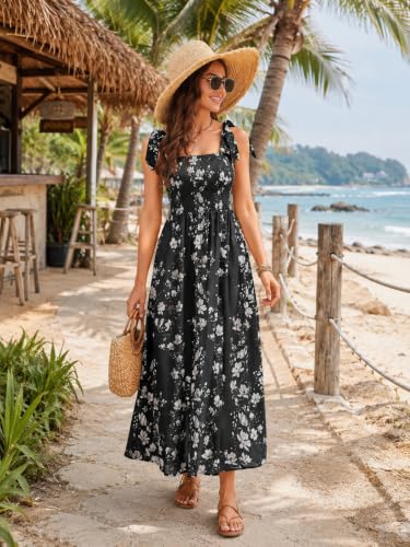 Image of BROVAVE Women Summer Floral Dress: Casual Square Neck Flowy Boho Beach Midi Sundress Sleeveless Tie Shoulder Vacation Daily