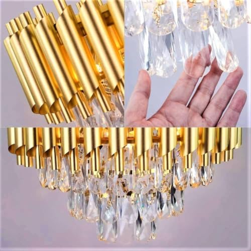 Image of Modern Ceiling Lamp 3-Tier Round Crystal Chandelier for Living Room | Bluetooth Remote Control and Moving Round| Speaker+ Multi Color LED Light (Remote Full Gold, 400MM)