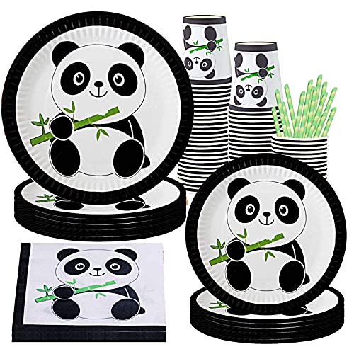 Panda Party Supplies Panda Tableware Set Including Panda Paper Plates Cups Napkins Straws for Panda Birthday Wediing Baby Shower Party Serves 10 Guest