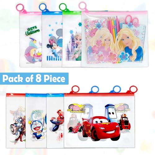 Image of GLUN Cartoon Print Pencil Pouch for Boys, Pack of 8 All Multi Translucent Printed Stationary Bag Organiser for School, Multi-Purpose Bag