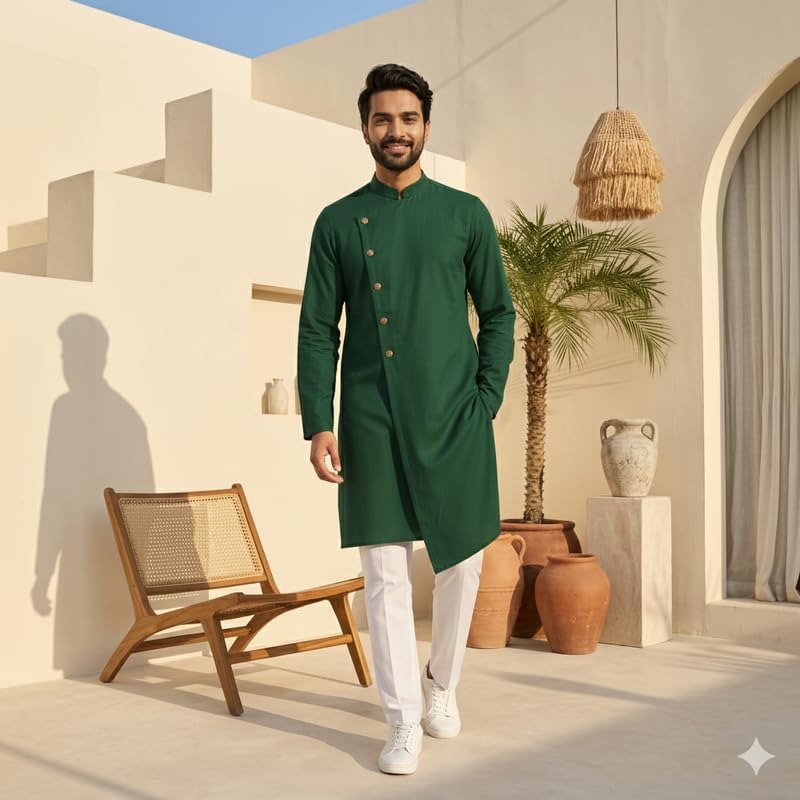 Image of OOMPH! Men's Ethnic Traditional Asymmetric Kurta Polycotton Regular Fit | High Neck Full Sleeves | Traditional Indian Festive Kurta | Stylish Casual and Wedding
