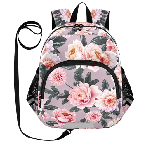 Peonies Dahlia Leaves Mauve Toddler Harness Backpack for Boys Girls 3-6 Years Kids Backpack with Anti Lost Safety Leash Baby Protection Backpack for Walking Travel Preschool