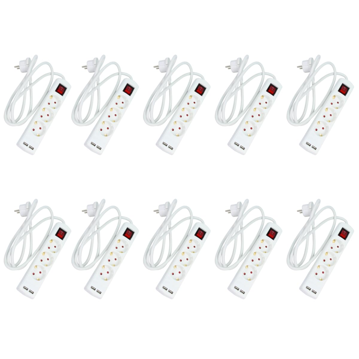 Tayg Pack 10 Regleta Enchufes con USB - Alargador Enchufe 1,4 Metros, Potencia 250V, 16A, 3.680W, Colgador Regleta Enchufes Pared, Proteccion Sobretension, Ladron Enchufes con Interruptor 3 Tomas