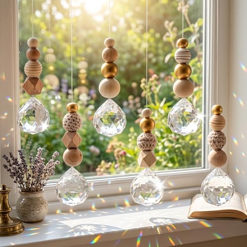HuaMuDM 6 StückSuncatcher mit Holzperlen & Kristallkugel DIY Sonnenfänger Basteln Kristall Sonnenfänger Fenster Set aus Holzperlen Geschenk Garten Dekoration der Fenster