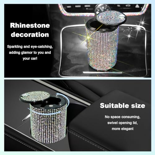 Image of Car Cigarette Ashtray with Lid, Stainless Steel Bling Crystal Diamond Smokeless Fireproof Vehicle Ashtray Holder, Portable Sparkling Ashtray Cup Holder for Car Home Office (Colorful)