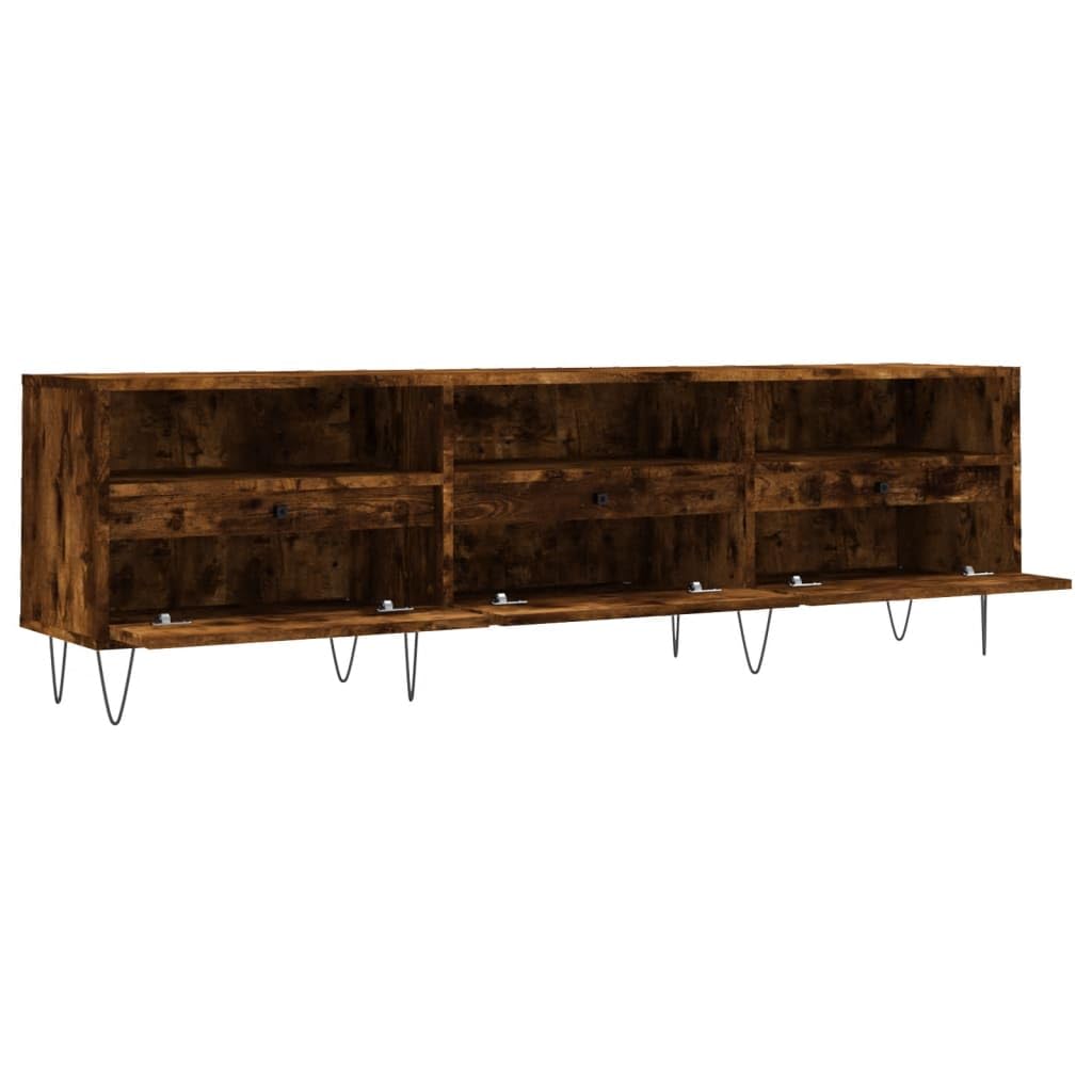 TV-Ständer für Fernseher bis zu 60 Zoll, TV-Schrank, Entertainment-Center mit 3 Schubladen, Regalen und Metallbeinen, lange Boho-Media-TV-Konsole für Wohnzimmer (D-Beine, Raucheiche)