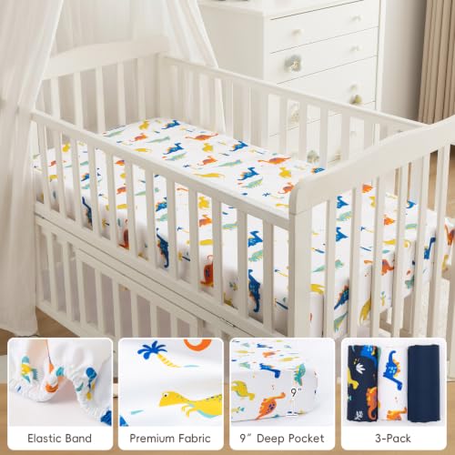 Image of david's kids 3 Pack Fitted Crib Sheets, Ultra Soft Breathable Comfortable Baby Sheet Set for Boys Girls Neutral, 28x52 Inch Fits Standard Crib and Toddler Mattresses, Dinosaur