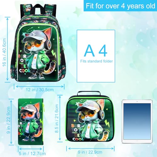 Image of CCJPX 16 inch Cat Backpack for Boys, 3PCS Kids Water Resistant Preschool Bookbags, Cool Kindergarten School Backpacks and Lunch Box