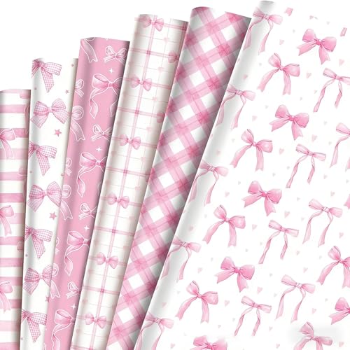 Ovanda 6 Stück Geschenkpapier mit Rosa Schleife Geburtstags-Geschenkpapier mit Hübscher Schleife Süßes Geschenkpapiers für Valentinstag Muttertag Hochzeit Mädchen-Geburtstage Weihnachten